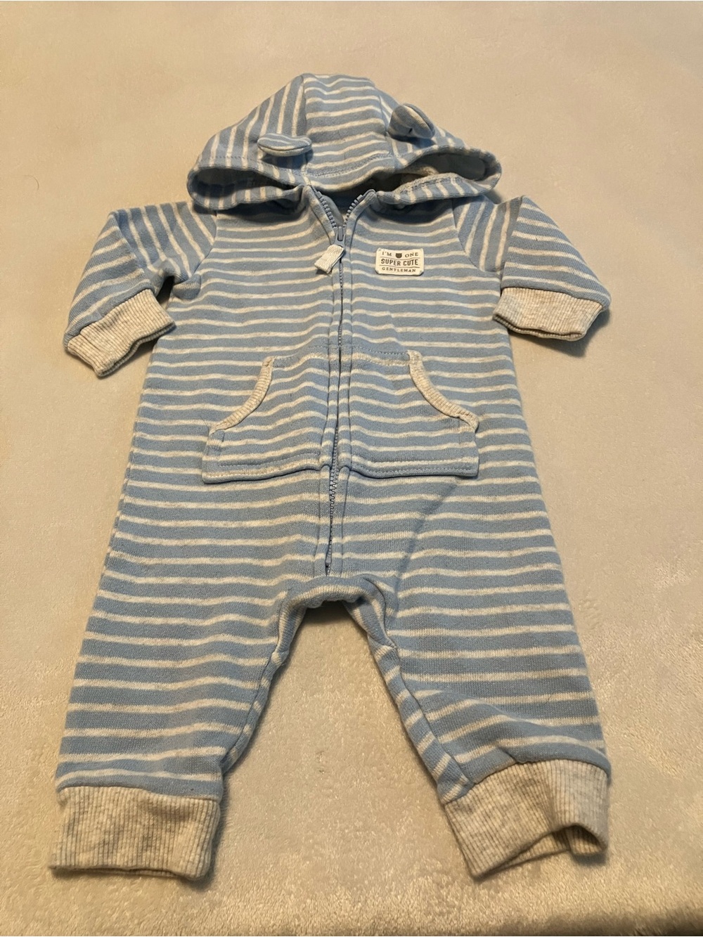 Carter's Light Blue and White Striped Hooded Baby Bear Romper